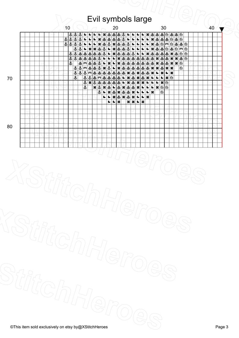 May include: A cross-stitch pattern chart titled "Evil symbols large." The chart features a grid with various symbols, including anchors, crosses, and other designs. The bottom of the chart includes the text "This item sold exclusively on etsy by @XStitchHeroes."