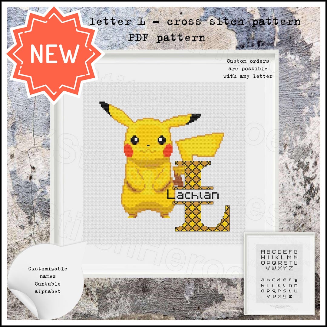 Pikachu Letter L Cross Stitch Pattern Customizable Names Cute Pokemon ...