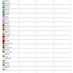 Peut inclure: Un tableau de tri de fils intitul&eacute; "Thread Sorter Princess symbols.chart". Il pr&eacute;sente les codes et noms des couleurs de fils DMC, comme Baby Blue ultra, Sky Blue very light et Turquoise light. Le tableau est organis&eacute; en lignes et colonnes.