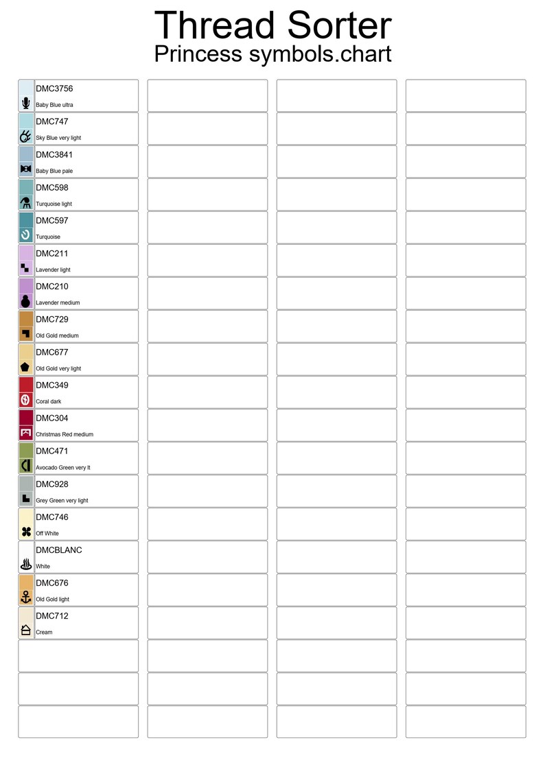 Peut inclure: Un tableau de tri de fils intitul&eacute; "Thread Sorter Princess symbols.chart". Il pr&eacute;sente les codes et noms des couleurs de fils DMC, comme Baby Blue ultra, Sky Blue very light et Turquoise light. Le tableau est organis&eacute; en lignes et colonnes.