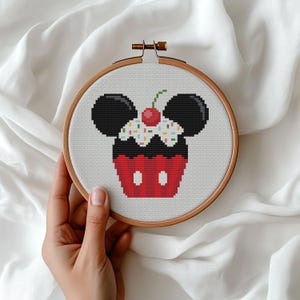 May include: A cross-stitch embroidery project in a circular wooden hoop featuring a cupcake design with black mouse-shaped ears, a red base with two white oval accents, white frosting, colorful sprinkles, and a single red cherry on top.