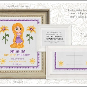 Baby Birth Little Rapunzel Cross stitch pattern Customizable cross stitch Alphabet DIY Baby Announcement Kids room Baby Waiting Princess