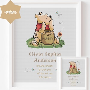 Willkommen Baby Unisex Kreuzstich, Winnie Puuh, Baby wartende Stickerei (PDF-Muster)