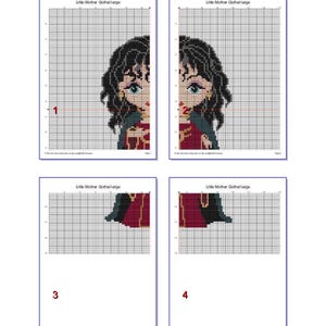 May include: Four pages of a cross-stitch pattern featuring a cartoon image of a woman with black hair, blue eyes, and a red and black outfit. The pattern is divided into sections labeled 1, 2, 3, and 4, with the title "Little Mother Gothel large".