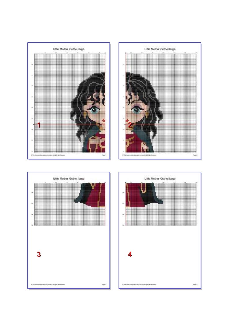 May include: Four pages of a cross-stitch pattern featuring a cartoon image of a woman with black hair, blue eyes, and a red and black outfit. The pattern is divided into sections labeled 1, 2, 3, and 4, with the title "Little Mother Gothel large".