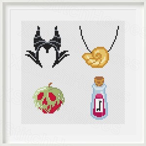 May include: Cross-stitch pattern featuring four designs: a black horned headdress, a gold seashell necklace, a green and red poisoned apple, and a potion bottle with a cork. The designs are set against a white background.