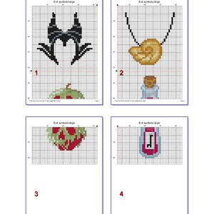 May include: Four cross-stitch patterns on a grid, each depicting a symbol. The top left shows a black horned headdress. The top right shows a gold shell necklace. The bottom left shows a red apple. The bottom right shows a pink potion bottle.