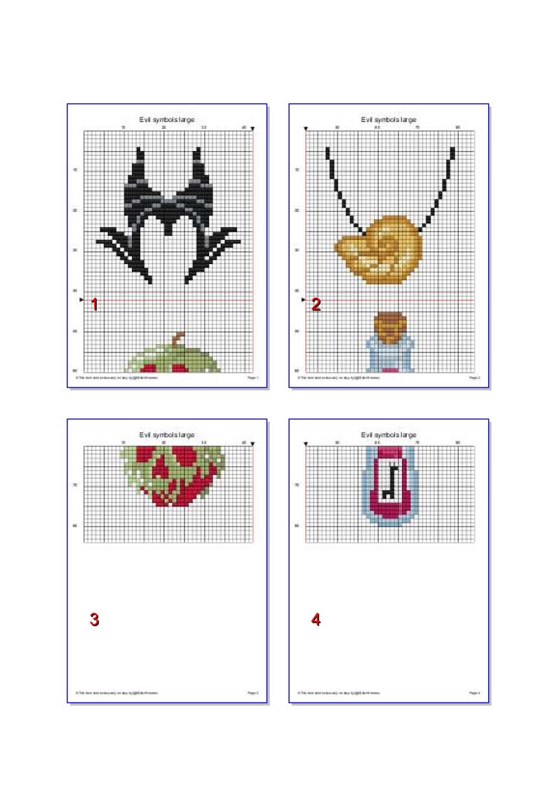 May include: Four cross-stitch patterns on a grid, each depicting a symbol. The top left shows a black horned headdress. The top right shows a gold shell necklace. The bottom left shows a red apple. The bottom right shows a pink potion bottle.