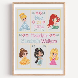 Princesses Birth Memory Cross Stitch Pattern, Personalized Embroidery (Digital Download)
