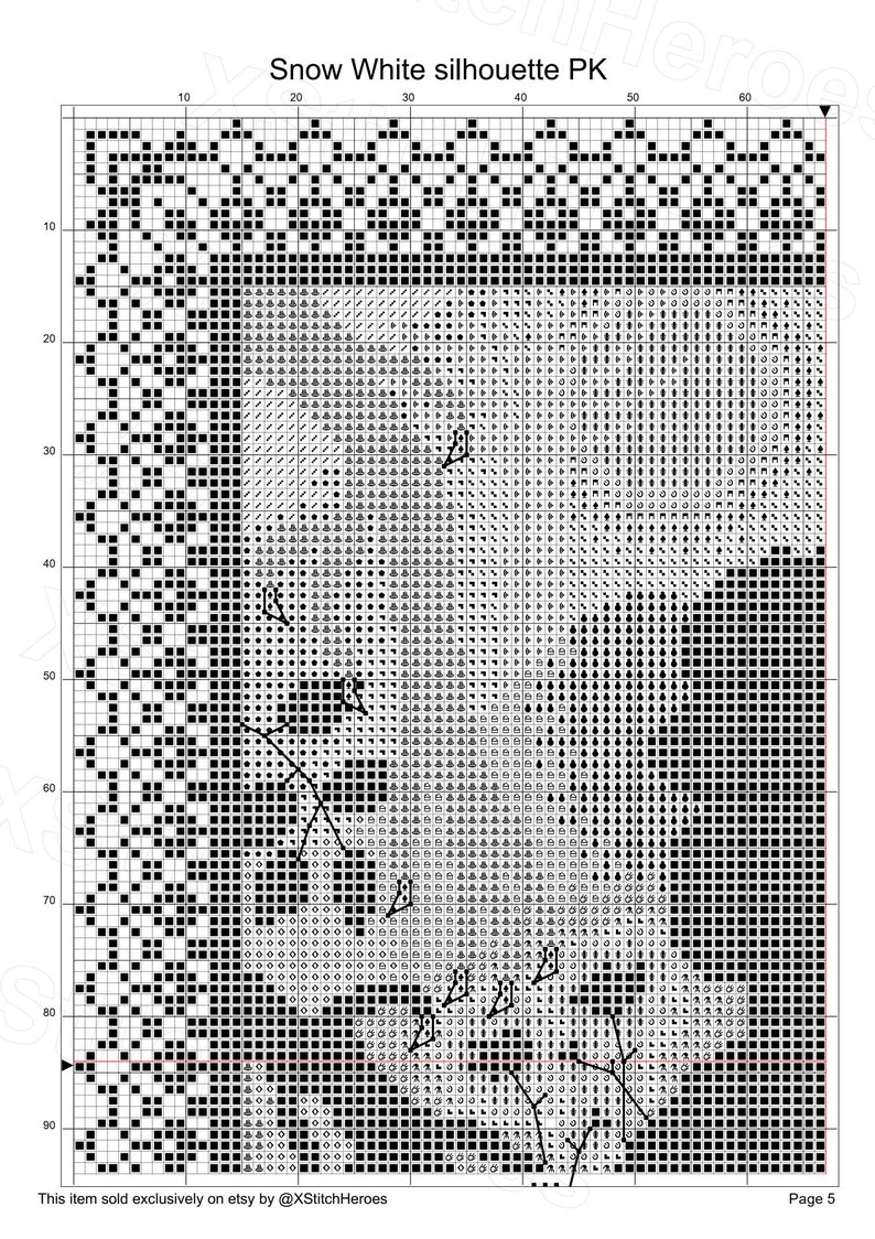 K&ouml;nnte beinhalten: Schwarzwei&szlig;es Kreuzstichmuster der Silhouette von Schneewittchen. Das Muster befindet sich auf einem Raster mit Zahlen oben und an der Seite. Der Text "Snow White silhouette PK" befindet sich oben auf dem Muster. Der Text "This item sold exclusively on etsy by @XStitchHeroes" befindet sich unten auf dem Muster. Der Text "Page 5" befindet sich in der unteren rechten Ecke.