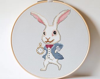 Alice im Wunderland Kreuzstich-Muster, weißes Kaninchen, Märchenbuch, Fantasietiere (PDF-Muster)