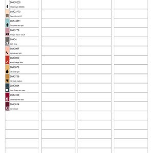 May include: A white chart titled "Thread Sorter" with the text "Little Mother Gothel.chart." The chart lists DMC thread colors and numbers, including Black, White Bright, Turquoise very light, and Christmas Red dark.
