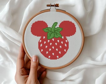 Mickey Mouse Cross stitch, Strawberry, Fruit, Food, Easy Beginner chart (PDF pattern)