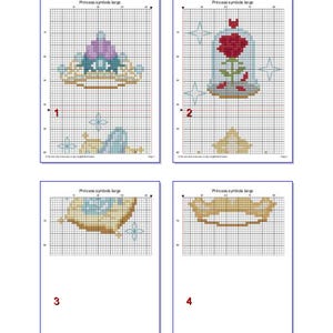 Peut inclure: Quatre mod&egrave;les de point de croix sur papier quadrill&eacute; blanc, intitul&eacute;s "Symboles de princesse large". Les motifs comprennent un diad&egrave;me, une rose dans un d&ocirc;me en verre et deux fragments de couronne. Chaque motif est num&eacute;rot&eacute;.
