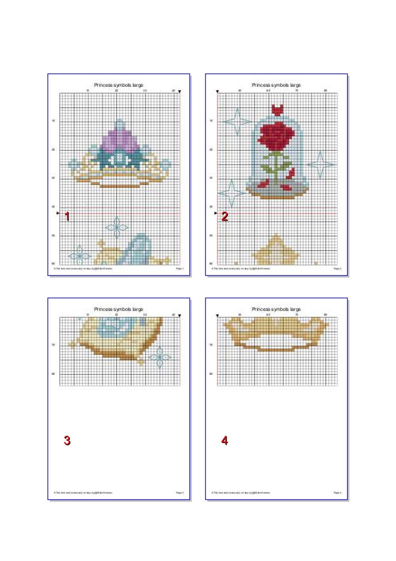 Peut inclure: Quatre mod&egrave;les de point de croix sur papier quadrill&eacute; blanc, intitul&eacute;s "Symboles de princesse large". Les motifs comprennent un diad&egrave;me, une rose dans un d&ocirc;me en verre et deux fragments de couronne. Chaque motif est num&eacute;rot&eacute;.