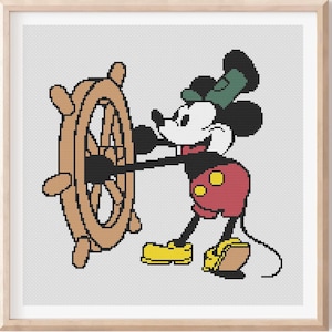 Mickey Kruissteekpatroon Eenvoudige patronen Kruissteektabel voor beginners Woondecoraties Public domain Afbeelding Steamboat Willie Vintage Mickey-patroon