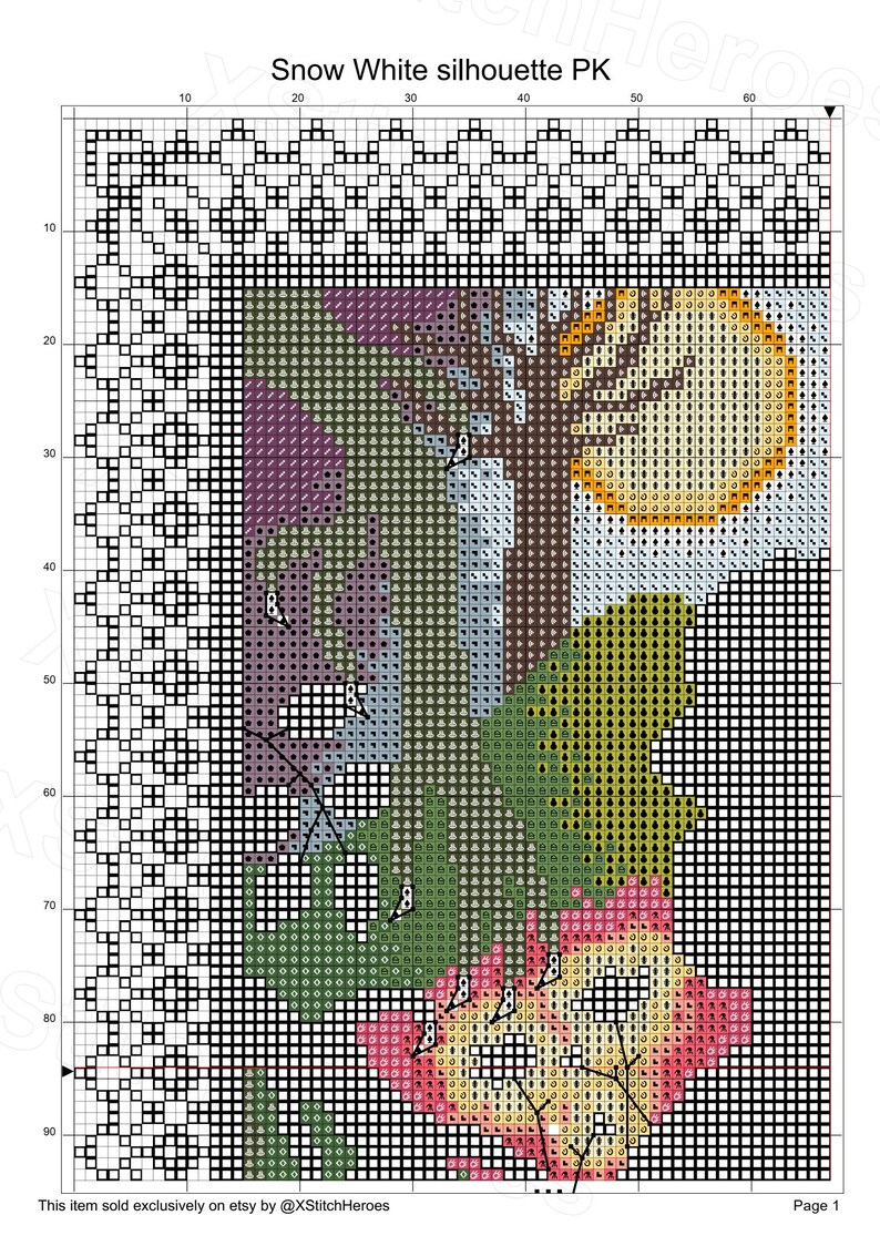 K&ouml;nnte beinhalten: Kreuzstichmuster der Silhouette von Schneewittchen in einer Waldlandschaft. Das Muster enth&auml;lt eine Vielzahl von Farben, darunter Gr&uuml;n, Braun, Gelb und Rot. Das Muster ist f&uuml;r die Verwendung mit Kreuzstichstoff und -garn konzipiert.