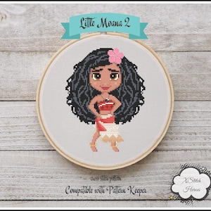 May include: Cross stitch pattern of a cartoon Moana with brown hair, a pink flower, and a red and white dress. The pattern is compatible with Pattern Keeper. The text "Little Moana 2" is at the top of the image. The text "X Stitch Heroes" is at the bottom of the image.