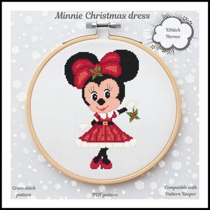 Minnie Christmas Dress Cross stitch pattern Cute Mouse cross stitch Cartoon characters Kids room decor Christmas decor DIY Holiday Gift