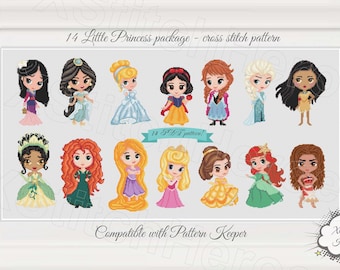 14 Little Princess package Cross stitch pattern Cute princess Heroes pattern Aurora Frozen Jasmine Cinderella Merida Snow White Ariel Moana