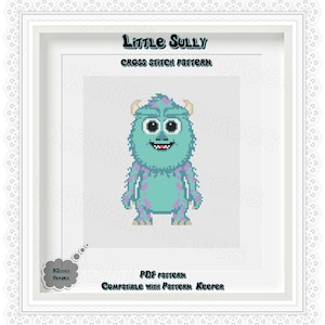 Puede incluir: Patrón de punto de cruz para un personaje de monstruo azul y morado llamado "Little Sully". El patrón es compatible con Pattern Keeper.
