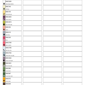 K&ouml;nnte beinhalten: Eine Tabelle mit DMC-Garnfarben und -nummern f&uuml;r ein Stickprojekt mit der Silhouette von Schneewittchen.