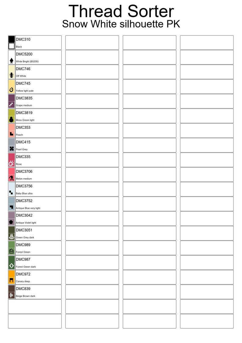K&ouml;nnte beinhalten: Eine Tabelle mit DMC-Garnfarben und -nummern f&uuml;r ein Stickprojekt mit der Silhouette von Schneewittchen.