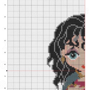 May include: Cross-stitch pattern featuring a stylized portrait of a character with black hair, blue eyes, and a pink complexion. The design is on a grid, with the text "Little Mother Gothel large" at the top. The text "This item sold exclusively on etsy by @XStitchHeroes" is at the bottom.