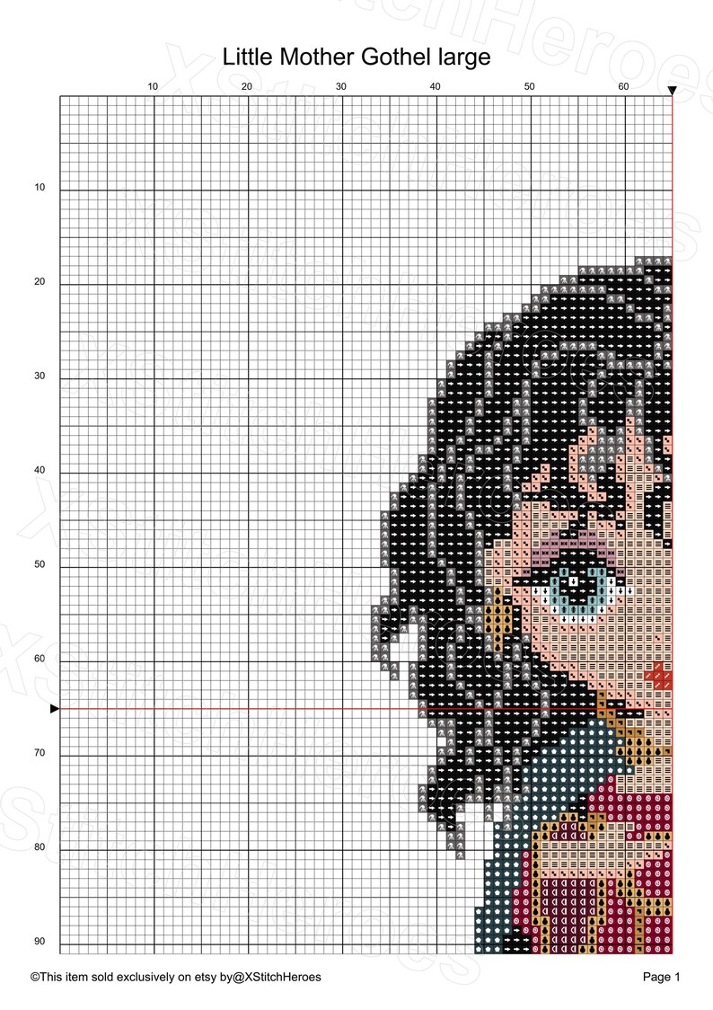 May include: Cross-stitch pattern featuring a stylized portrait of a character with black hair, blue eyes, and a pink complexion. The design is on a grid, with the text "Little Mother Gothel large" at the top. The text "This item sold exclusively on etsy by @XStitchHeroes" is at the bottom.