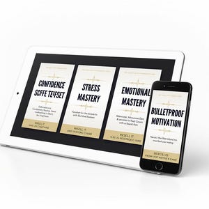 May include: A white tablet and a black smartphone display self-help content. The tablet shows three panels with titles like "Confidence" and "Stress Mastery." The phone screen reads "Bulletproof Motivation."