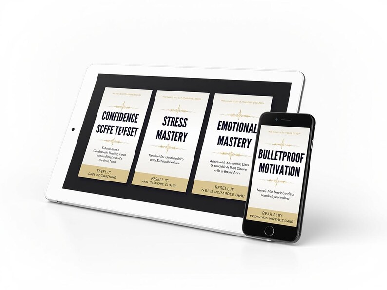 May include: A white tablet and a black smartphone display self-help content. The tablet shows three panels with titles like "Confidence" and "Stress Mastery." The phone screen reads "Bulletproof Motivation."