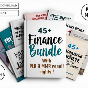 May include: A collection of books with titles like "45+ Finance Bundle" and "BAP MY IM". The central book features the text "45+ Finance Bundle" with "PLR & MMR resell rights!". Additional text includes "Instant Download" and "HQ Content".