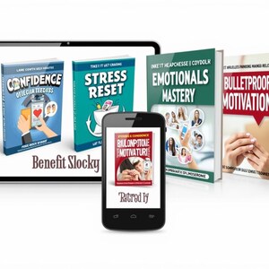 May include: An image featuring a tablet and a smartphone displaying book covers. The tablet shows "Confidence" and "Stress Reset" books. The smartphone displays a book titled "Biulonpitolie Motivaturi". Additional books include "Emotionals Mastery" and "Bulletproof Motivation".