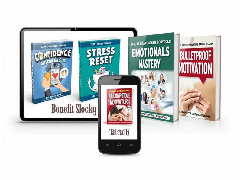 May include: An image featuring a tablet and a smartphone displaying book covers. The tablet shows "Confidence" and "Stress Reset" books. The smartphone displays a book titled "Biulonpitolie Motivaturi". Additional books include "Emotionals Mastery" and "Bulletproof Motivation".