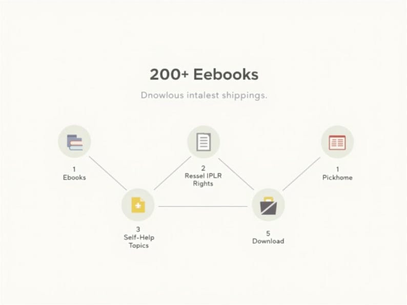 May include: Infographic with the text "200+ Eebooks" and the phrase "Dnowlous intalest shippings." The graphic shows a series of connected icons representing Ebooks, Resell IPLR Rights, Self-Help Topics, Download, and Pickhome.