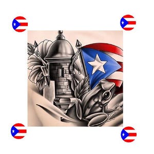 May include: A black and white illustration of a frog sitting on a stone building with a Puerto Rican flag behind it. The flag is red, white, and blue with a white star in the center.