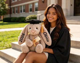 Personalized Graduation Bunny Plush, College Graduation Gift, University Graduation Plush, Bunny with Cap Diploma Keepsake for Her