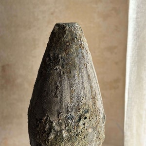 14" Handmade Organic Textured Ceramic Vase | Natural Green Lava Glaze Stoneware Vase | Unique Wabi-Sabi Art Vase for Home Decor