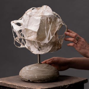 Handmade Ceramic Lamp with Volcanic Glaze – Textured Pottery Base & Natural Paper Shade – Unique Earthy Artisan Lighting for Home Decor