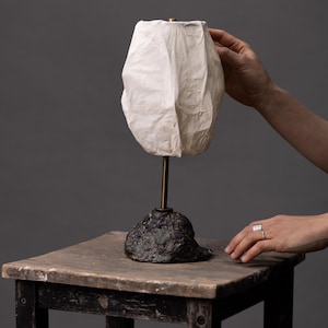 Wabi-Sabi Ceramic Table Lamp – Textured Handmade Base with Soft Paper Shade, Minimalist Rustic Decor, Zen Lighting for Cozy Spaces
