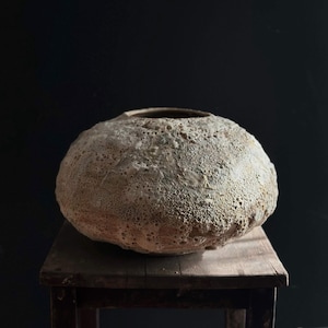 Handcrafted Beige Ceramic Vase: Rustic Textured Decor, 8.5"