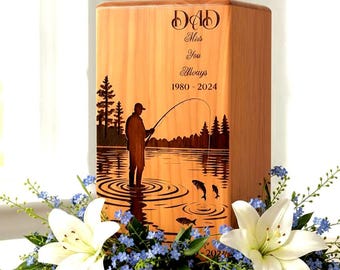Personalized Wooden Fishing Cremation Urn: Engraved Lake Memorial , Memorial urn for loved ones