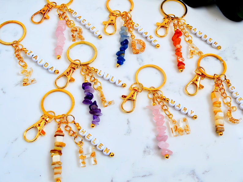 Netted Crystal Key Rings Personalized Crystal Keyring, Beaded Name Tag, Gemstone Keychain - Etsy