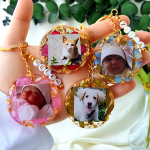 Personalized Photo Keychain, Customize Your Photo, Picture Keyring, Custom Name Beaded Keychain, Resin Flowers Keychain, Baby Mom Gift