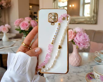 Pearl and Crystal Pink Phone Strap, Beaded Phone Wristlet, Cute Phone Charm Lanyard, Gift for Sister and Friends