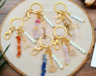 Personalized Crystal Keychain with Name, Gemstone Keychain, Custom Name Keyring, Car Charm, Bag Charm, Beaded Keychain, Christmas Gift