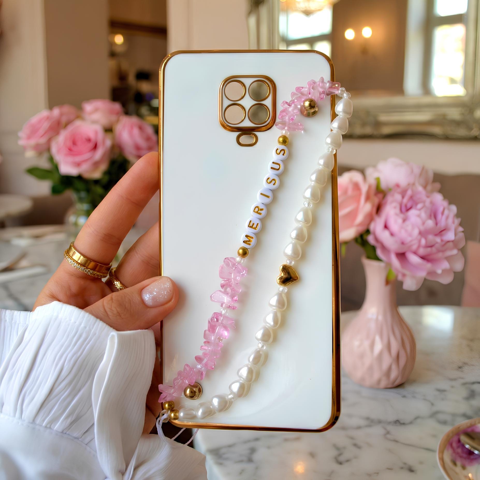 Pearl and Crystal Pink Phone Strap, Beaded Phone Wristlet, Cute