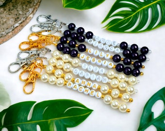 Porte-clés de nom de perle de perle, porte-clés personnalisé, étiquette de sac à couches, étiquette de sac à dos, étiquette de sac à main, porte-clés en perles de silicone, porte-clés cadeau de Noël