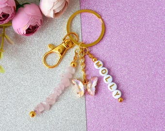 Personalized Crystal Butterfly Keychain, Custom Name Keyring, Aesthetic Beaded Keychain Gift for Her, Birthday Gift