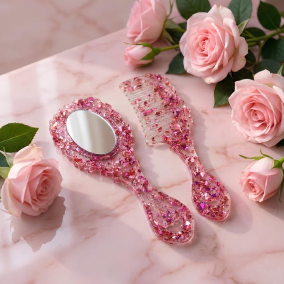 Flower Resin Hair Comb & Hand Mirror Set, Glitter Custom  display picture 1